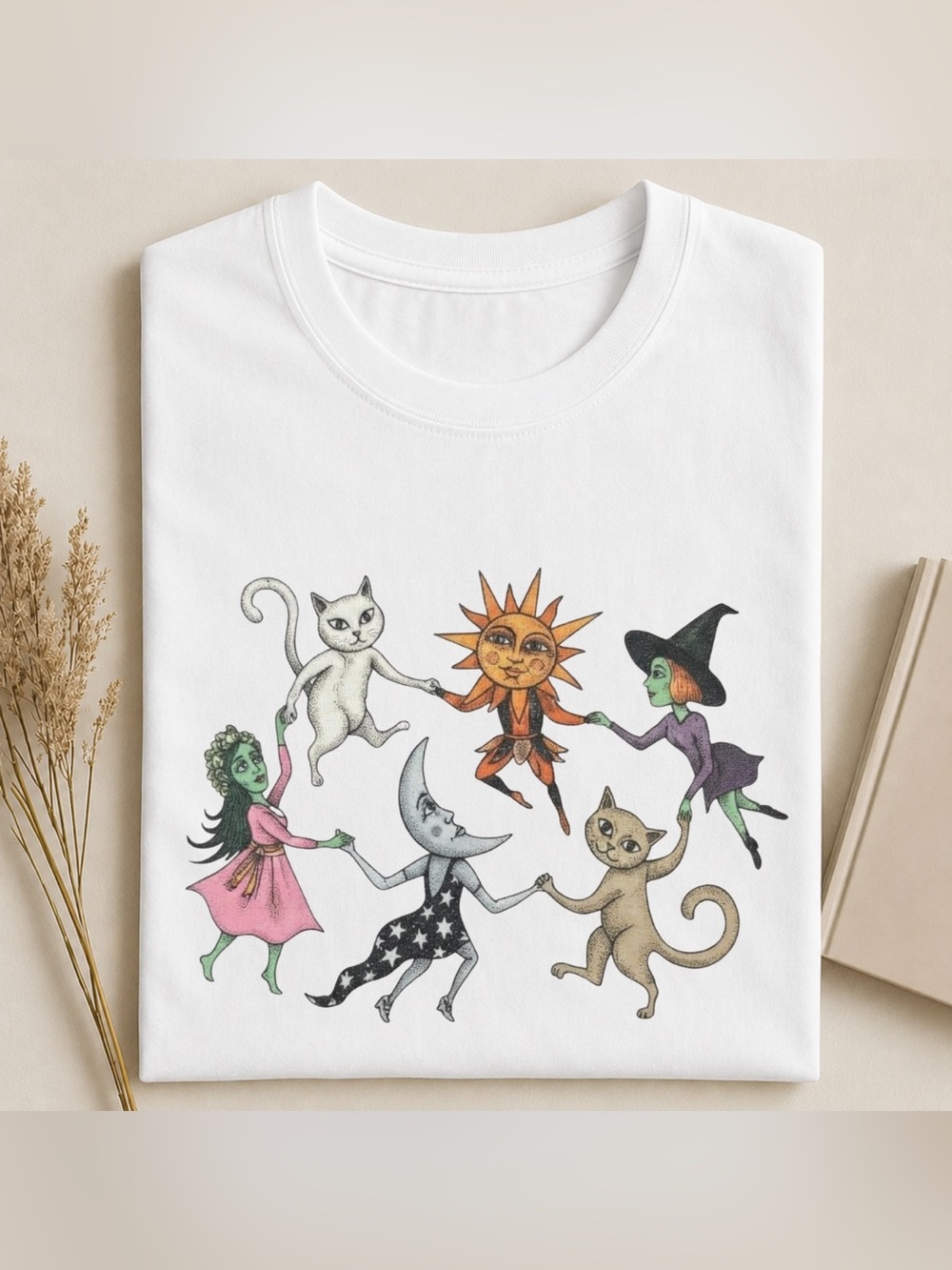 Gildan White Halloween Tee with Vintage Sun, Moon, Witches & Cats Graphic Tee